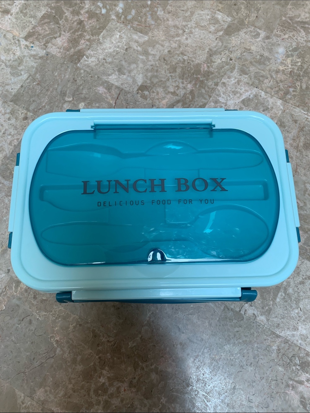Cute Aqua Blue Lunch Box. NOT included tableware. Pre-Owned. Standard size.